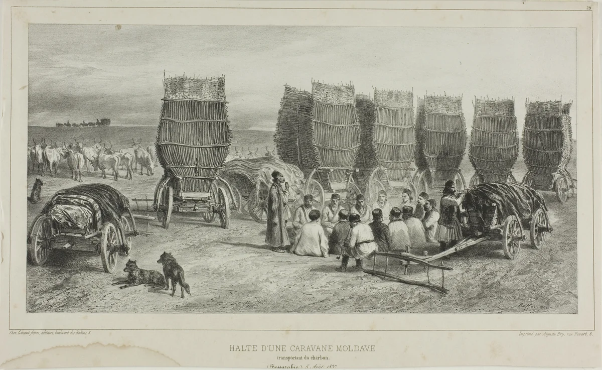 Halting Place of a Moldavian Caravan Transporting Coal, Bessarabia, August 5, 1837 by Denis Auguste Marie Raffet, print, 1840