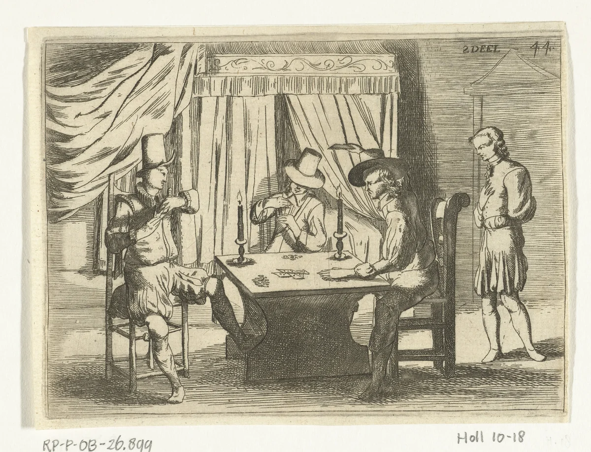 Gusman d'Alfarache en drie kaartspelers by Jan de Bray, print, 1655-1697