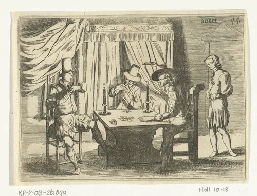 Gusman d'Alfarache en drie kaartspelers by Jan de Bray, print, 1655-1697