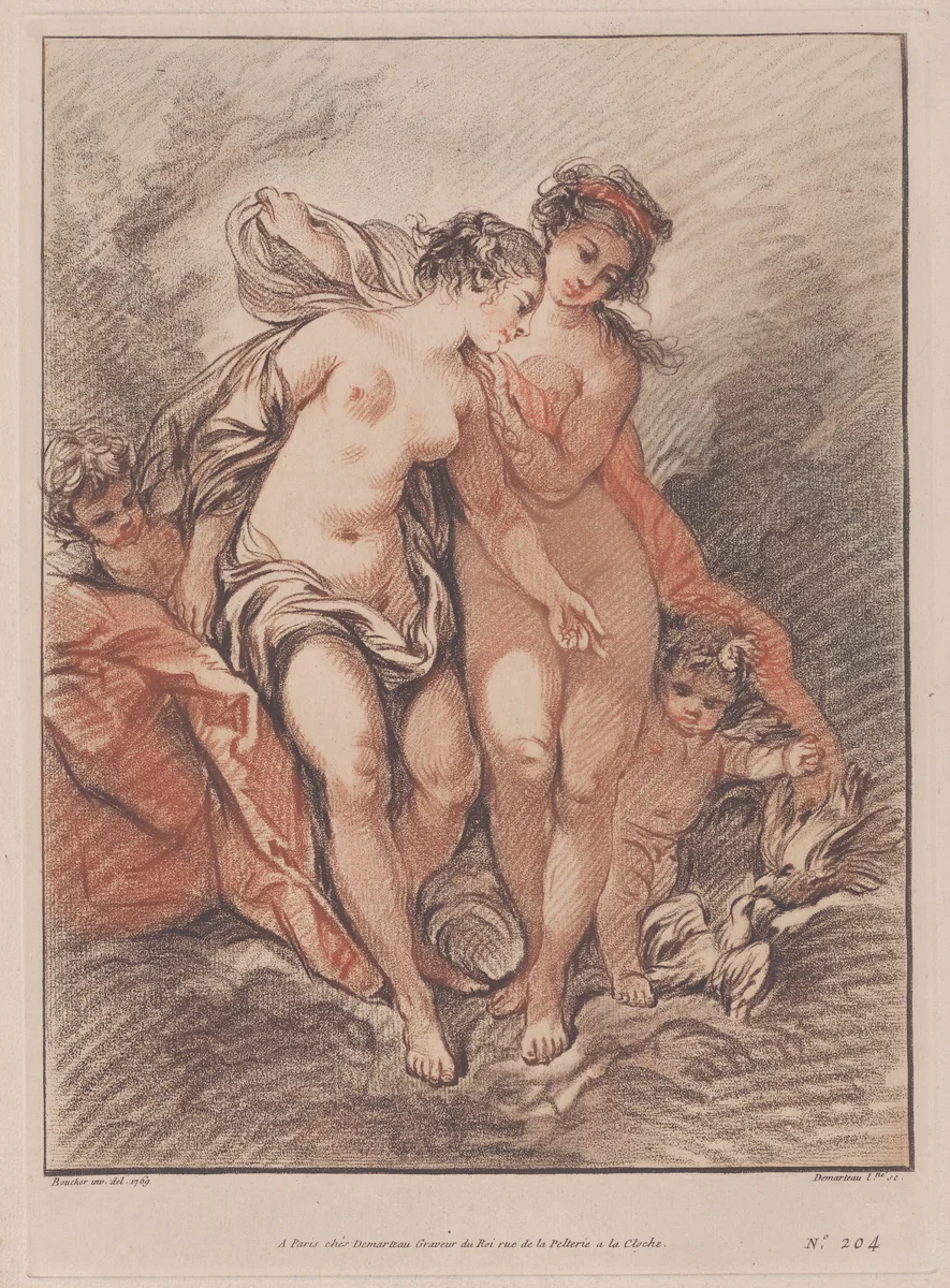 Reproduction of Deux Nymphes et deux Amours regardant des colombes (Two Nymphs and Loves watching two doves) by Gilles Demarteau, print, 1769-1900