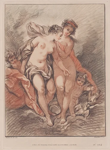 Reproduction of Deux Nymphes et deux Amours regardant des colombes (Two Nymphs and Loves watching two doves) by Gilles Demarteau, print, 1769-1900