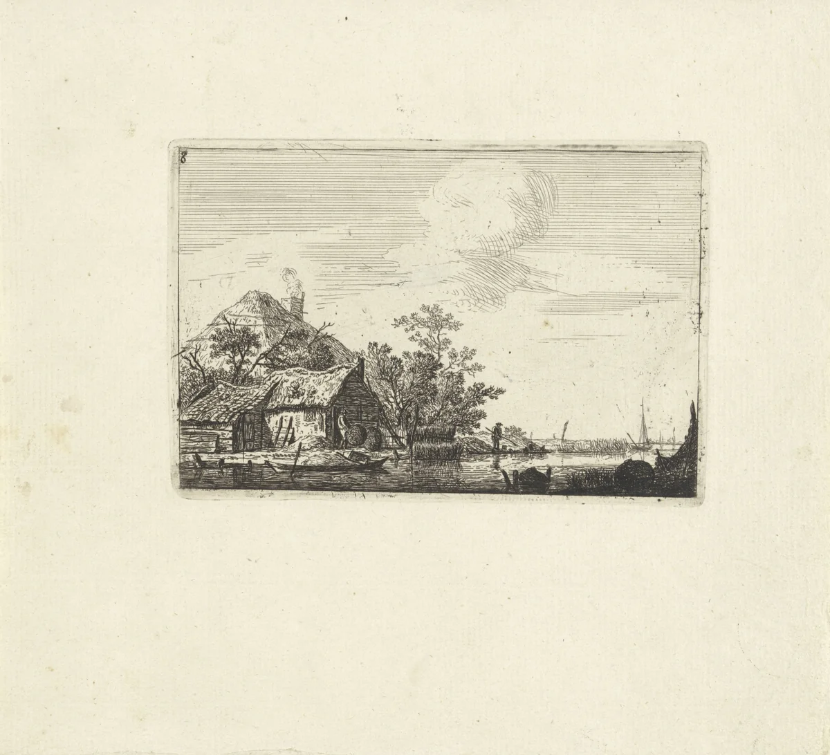 Lamdschap met boerderij, hengelaar en fuiken by Hendrik Schwegman, print, 1786