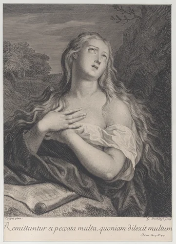 The penitent Mary Magdalene in the wilderness by Gaspard Duchange, print, 1682-1757