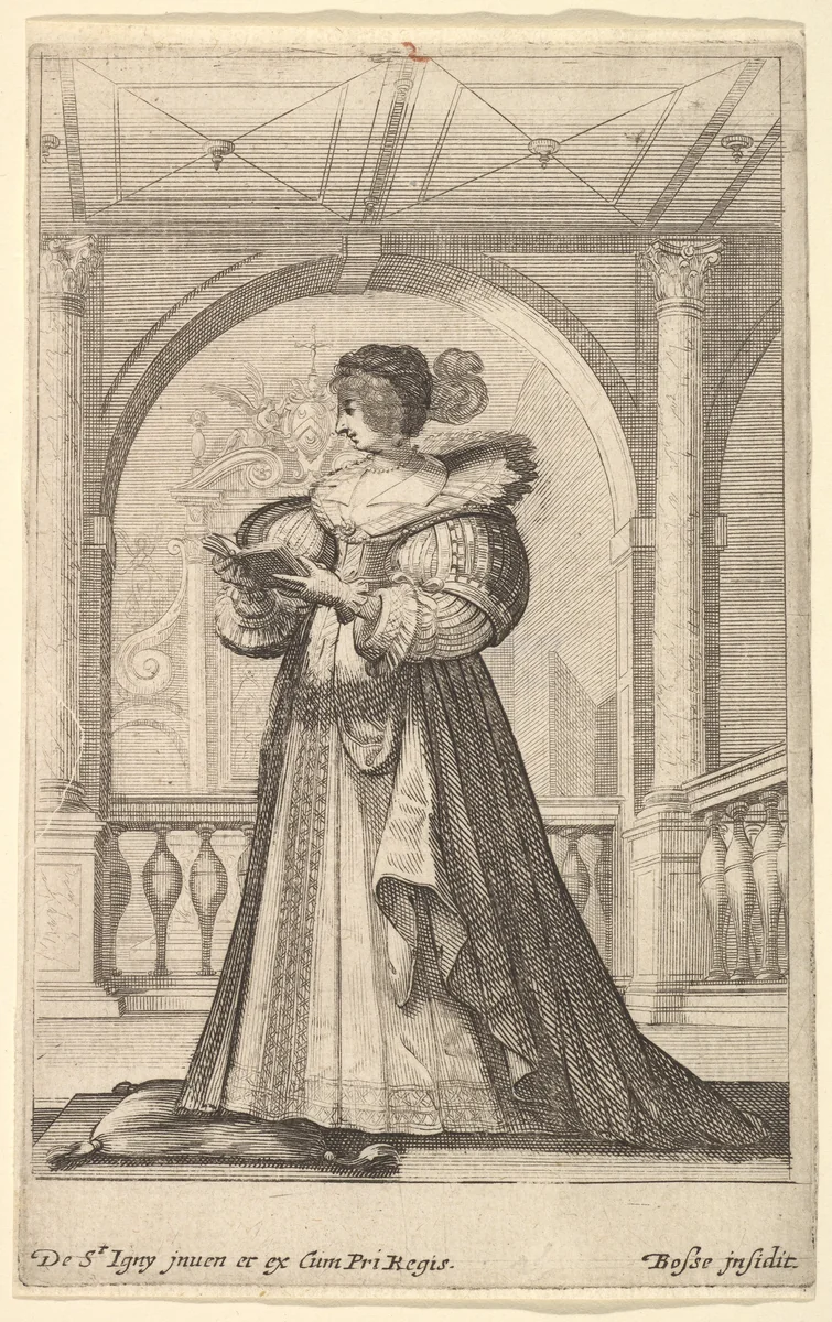 A woman standing, facing the left in profile, wearing a hat and a lace collar, reading from a prayer book, from "French Nobility at Church" by Abraham Bosse, print, 1624-1634