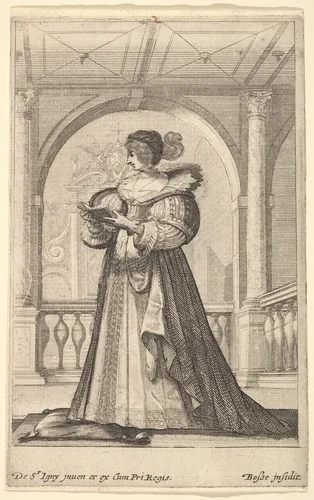 A woman standing, facing the left in profile, wearing a hat and a lace collar, reading from a prayer book, from "French Nobility at Church" by Abraham Bosse, print, 1624-1634