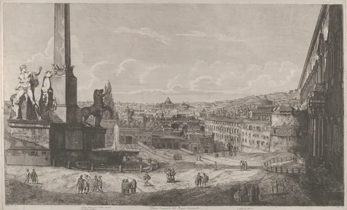 View of the Quirinal Hill in Rome with the fountain of the horse tamers at left, from "Le Antichita di Roma" by Luigi Rossini, print, 1822