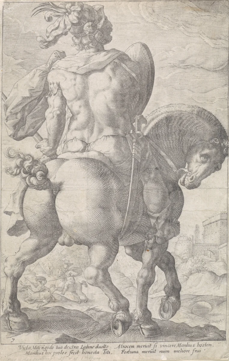Titus Manlius te paard by anonymous, print, 1608-1635
