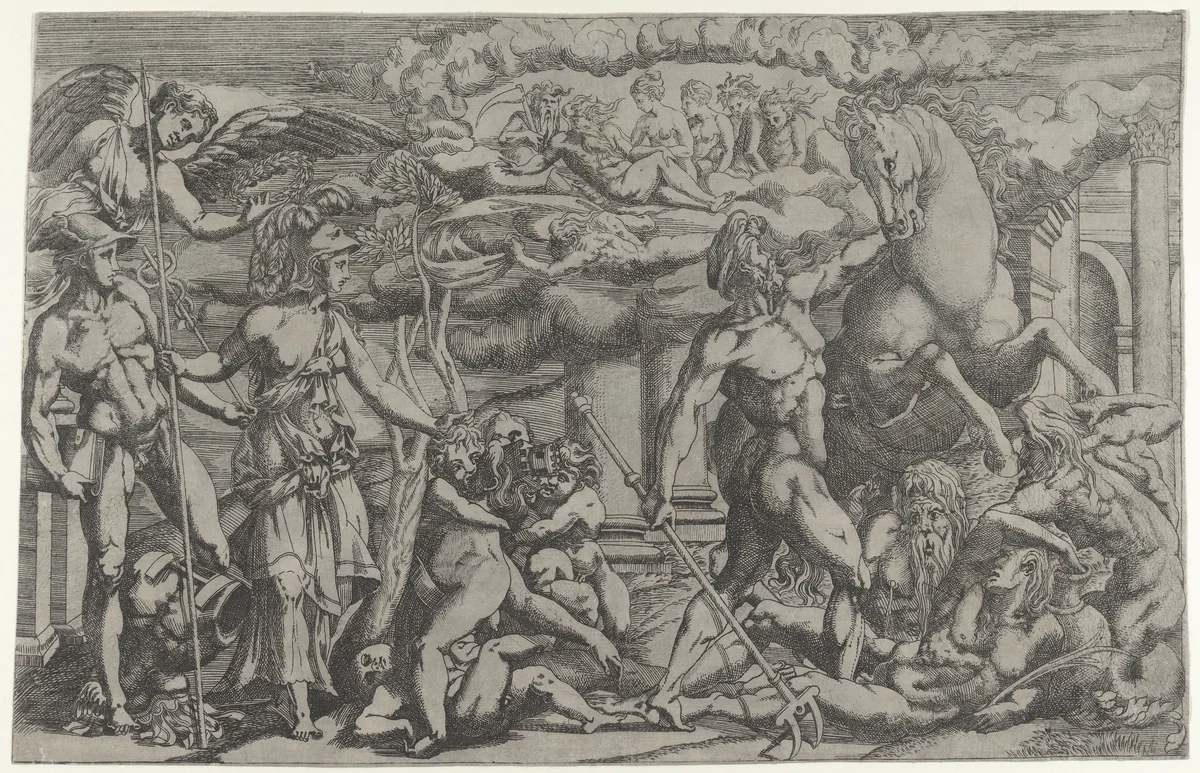 Contest between Athena and Poseidon by Antonio Fantuzzi, print, 1540-1545
