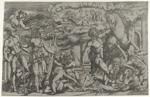 Contest between Athena and Poseidon by Antonio Fantuzzi, print, 1540-1545