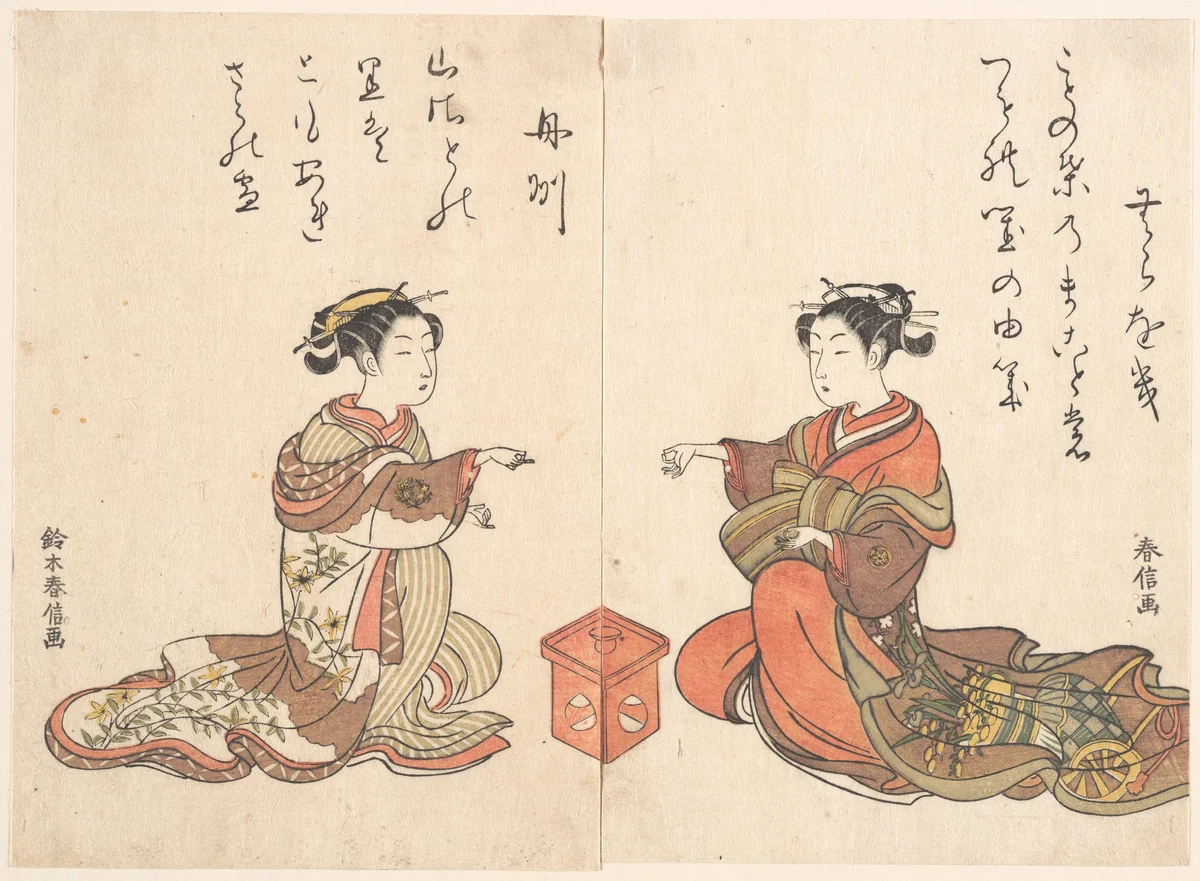 Two Girls Play the Finger Game of Kitsume Ken by Suzuki Harunobu (鈴木春信), print, 1725-1770