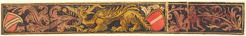 Grotesque Strip with Dragon, Shields and Wild Men by German 15th Century, print, 1475-1500