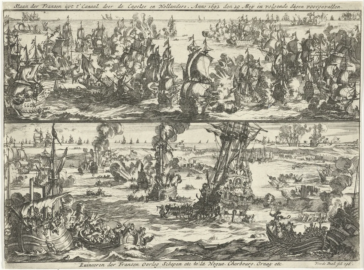 Zeeslag bij Kaap la Hogue, 1692 by Jan Luyken, print, 1694