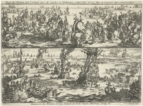 Zeeslag bij Kaap la Hogue, 1692 by Jan Luyken, print, 1694