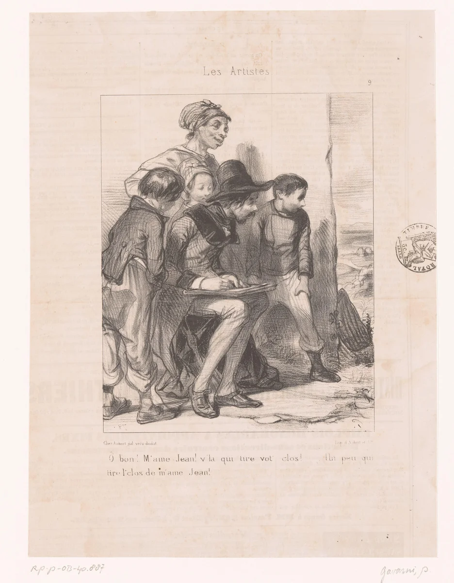 Kunstenaar tekent omringd door kinderen by Paul Gavarni, print, 1838