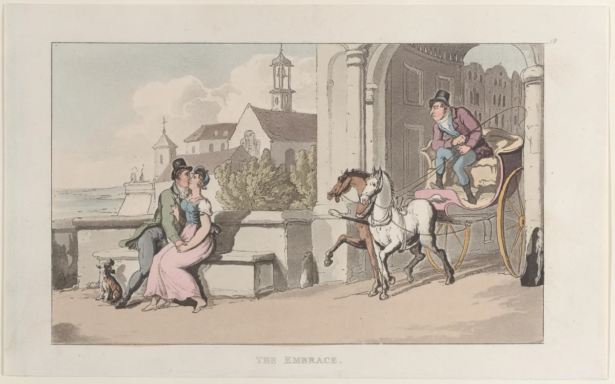 The Embrace, from "Journal of Sentimental Travels in the Southern Provinces of France, Shortly Before the Revolution" by Thomas Rowlandson, print, 1817-1821