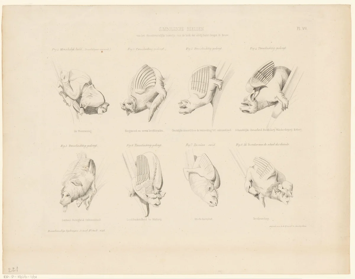 Acht waterspuwers op de noordelijke toren van de abdij van Saint-Denis by anonymous, print, 1848