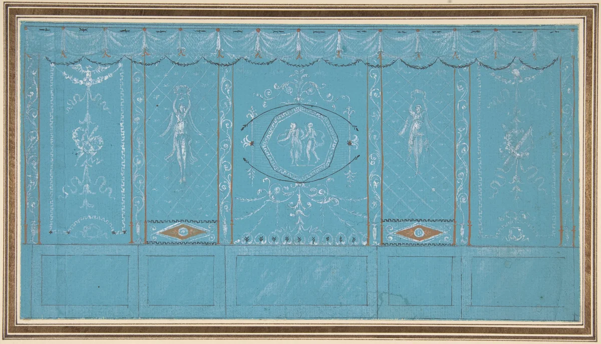 Design for a Decorated Wall with Grottesque over Blue Background by Giuseppe Bernardino Bison, drawing, 1762-1844