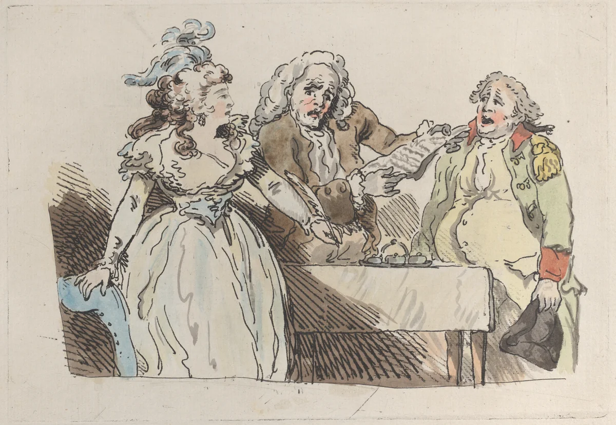 A Young Woman (Heiress) Prepares to Sign a Document by Thomas Rowlandson, print, 1780-1800
