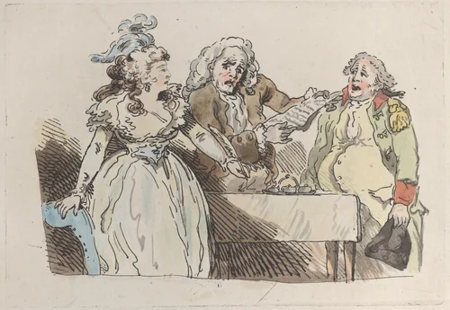 A Young Woman (Heiress) Prepares to Sign a Document by Thomas Rowlandson, print, 1780-1800