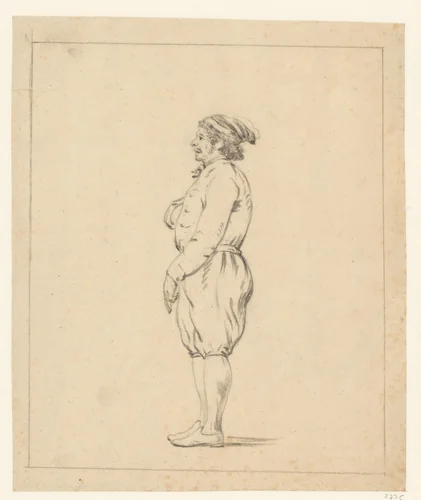 Staande man in pofbroek by anonymous, drawing, 1700-1749