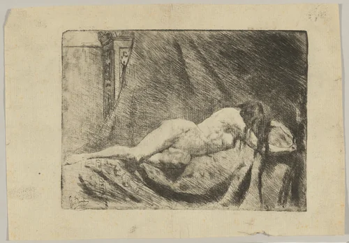 Reclining Female Nude (recto); Architectural Design (verso) by Gioacchino Banfi, print, 1873-1883
