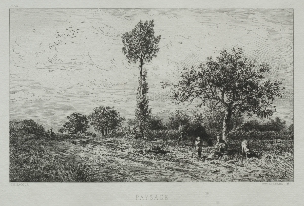 Landscape by Charles-Émile Jacque, print, 1864