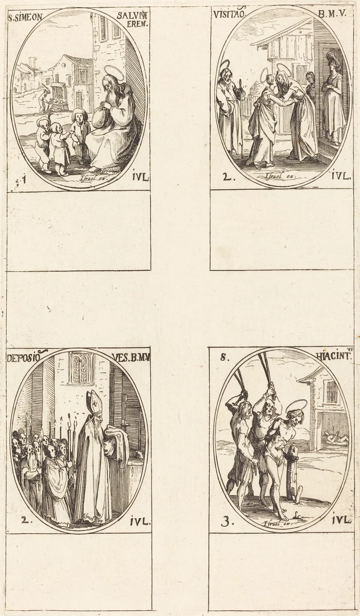 St. Simeon Salus; The Visitation; Deposition of the Virgin's Clothes; St. Hiacintus by Jacques Callot, print, 1627-1637