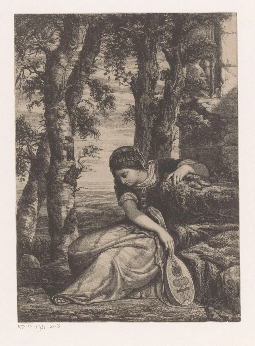 Vrouw met luit in landschap by Augustin Taurel, print, 1838-1879