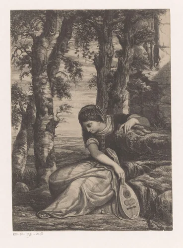Vrouw met luit in landschap by Augustin Taurel, print, 1838-1879
