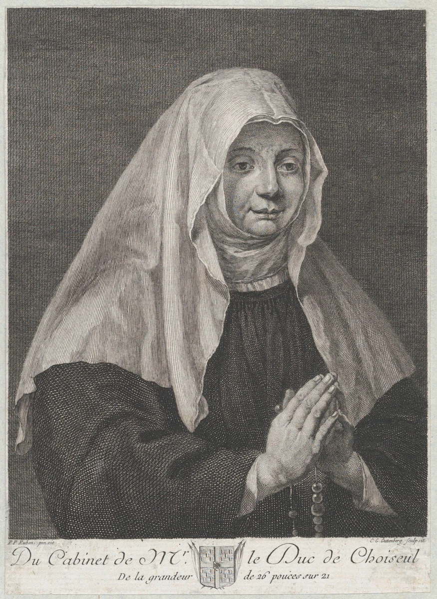 Portrait of a praying nun by Carl Guttenberg, print, 1766-1776