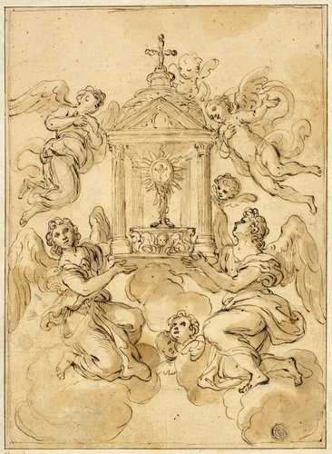 Monstrance Borne by Angels by Giacinto Calandrucci, drawing, 1618-1654