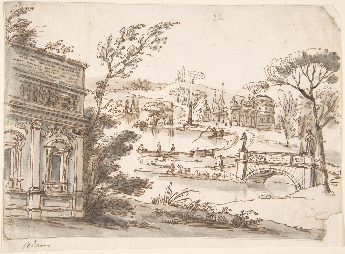 Classical Landscape with Temples (recto); Indecipherable sketch, possibly of a seated figure (verso) by Robert Adam, drawing, 1755-1757