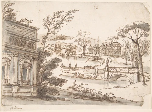 Classical Landscape with Temples (recto); Indecipherable sketch, possibly of a seated figure (verso) by Robert Adam, drawing, 1755-1757
