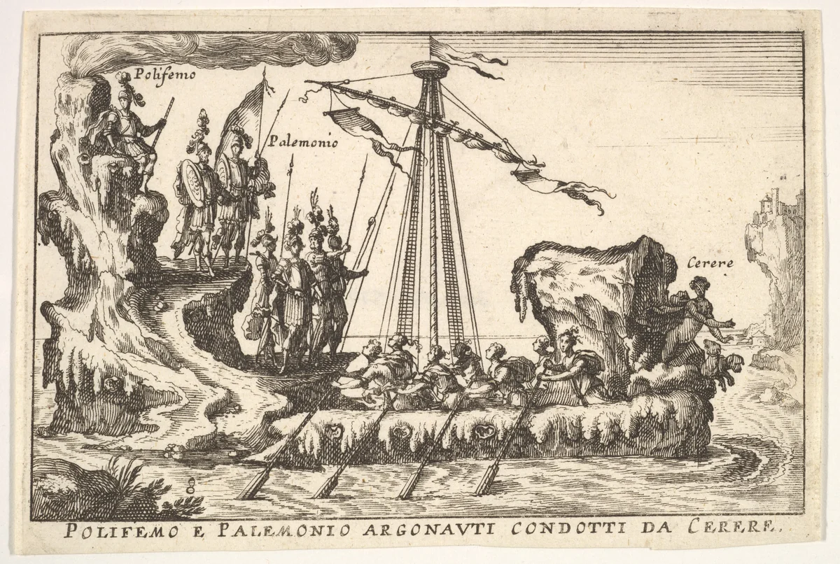 Plate 8: Polyphemus and Palemonius led by Ceres (Polifemo e Palemonio Argonauti condotti da Cerere), from "The magnificent pageant on the river Arno in Florence for the marriage of the Grand Duke" (Le Magnifique carousel fait sur le fleuve de l'Arne a Florence, pour le mariage du Grand Duc) by anonymous, print, 1664
