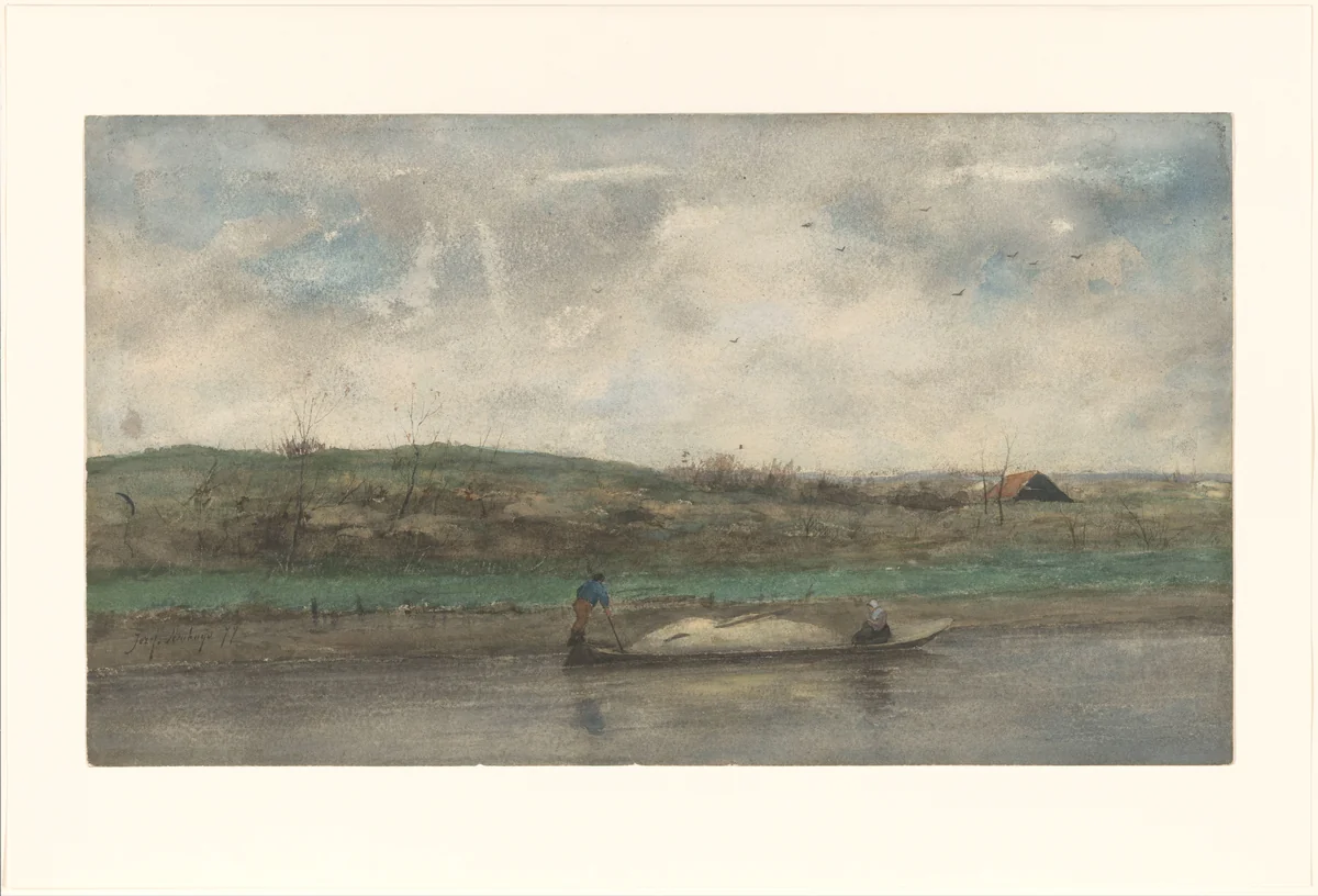 Zandschuit in vaart door glooiend landschap by Jozef Neuhuys, drawing, 1877