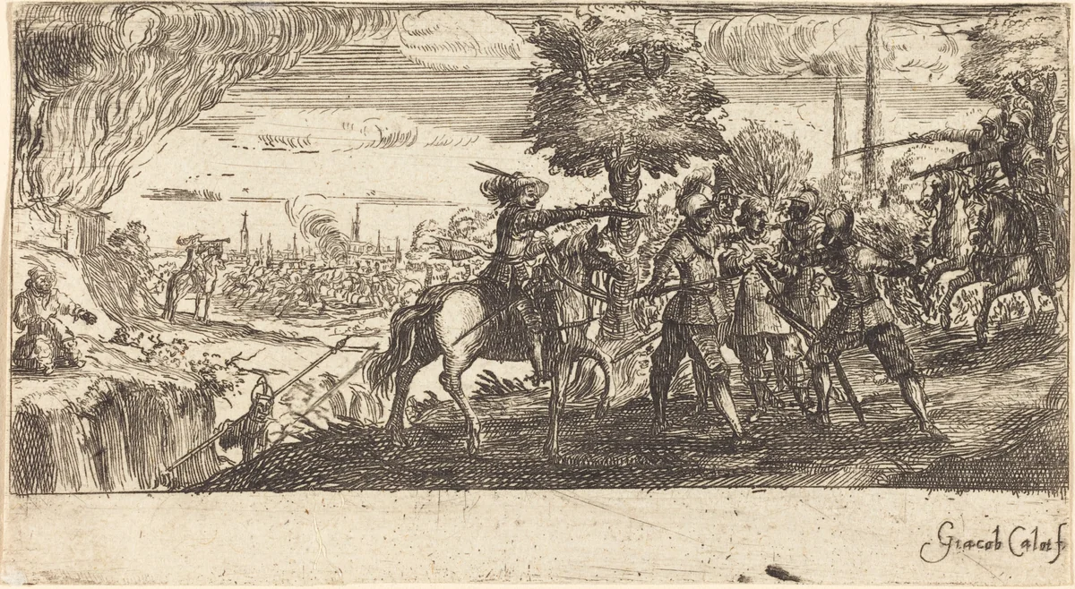 Landscape with Battle Scene by Jacques Callot, print, 1600-1699