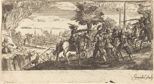 Landscape with Battle Scene by Jacques Callot, print, 1600-1699