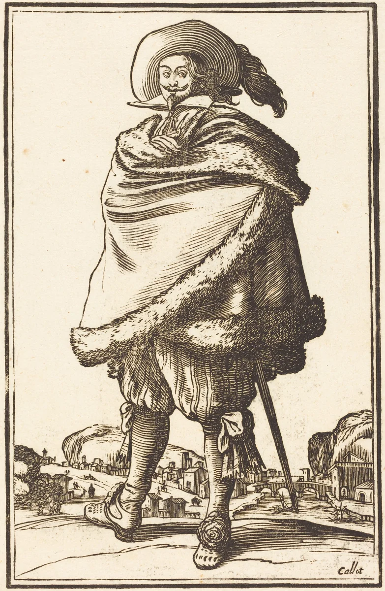 Noble Man Wrapped in a Mantle Trimmed with Fur by Jacques Callot, print, 1623-1699