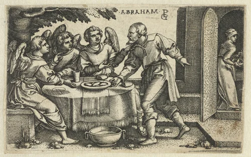 Abraham en de drie engelen by Unknown, print, 1541-1545