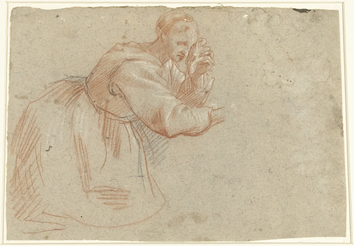 Knielende wenende vrouw (Maria Magdalena?) by anonymous, drawing, 1610-1630