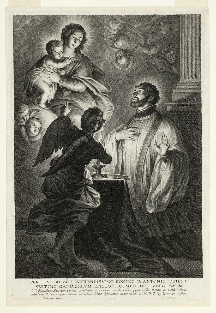 The Virgin and Child Appearing to Saint Francis Xavier by Schelte Adamsz. Bolswert, print, 1610-1659