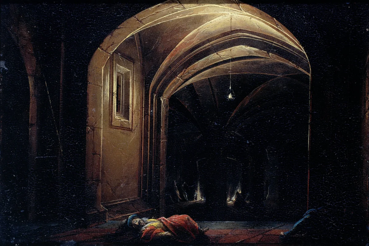 Men Sleeping in a Room with lighted Arches by Unknown, painting, 1580-1630
