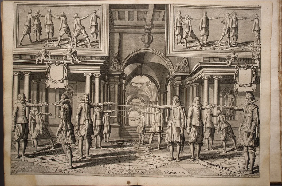 Academie de l'espee; ou se domonstrent par reigles mathématiques sur le fondement d'un cercle mystérieux, la théorie et pratique des vrais . . . by Girard Thibault, artwork, 1628