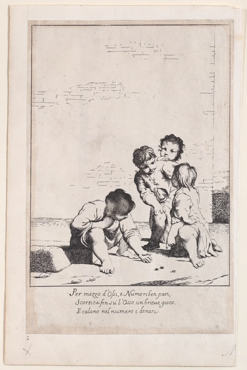 Four children playing dice by Giuseppe Maria Crespi, print, 1705-1715