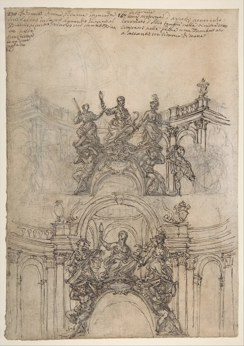 Studies for a Sculpture with Figures of Prudence, Industry and Economy Supported by Slaves and an Oval Plaque with Cartouche; Separate Study for a Cupola (Recto). Studies for Figural Ornament (Verso). by Giovanni Battista Foggini, drawing, 1652-1725