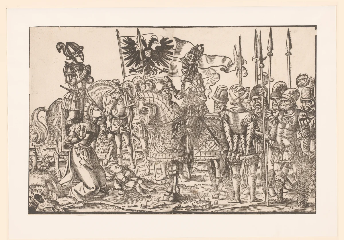 Vrouw met een dood kind, knielend voor een vorst te paard begeleid door voetsoldaten by anonymous, print, 1500-1599