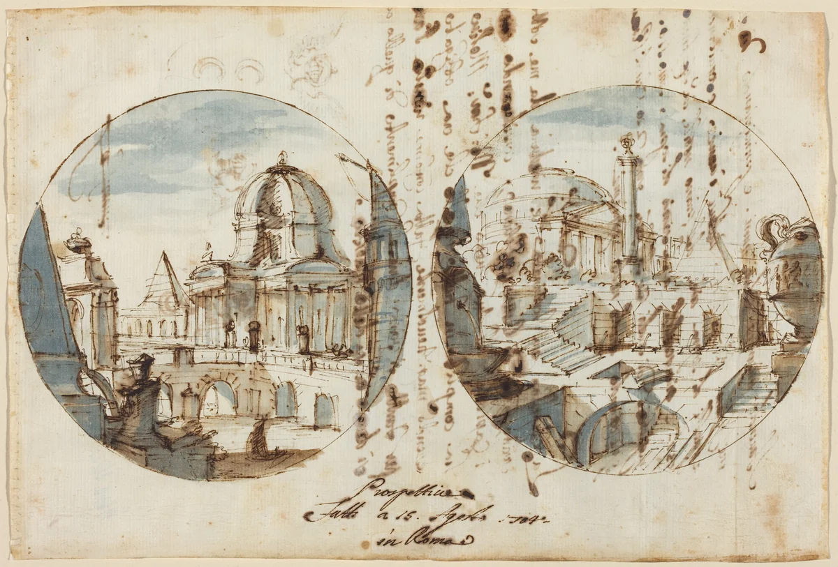 Architectural Fantasies with Temples and Pyramids by Filippo Juvarra, drawing, 1704