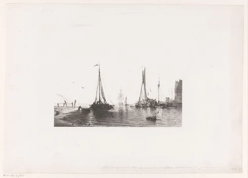 Boten aan het strand en in de haven by Petrus Paulus Schiedges, print, 1847-1865