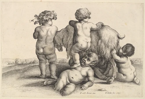 Four boys, a young satyr and a goat by Wenceslaus Hollar, print, 1647