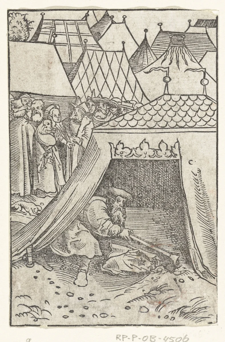 Achan begraaft mantel en geld in grond onder zijn tent by Lucas Cranach, print, 1528-1554
